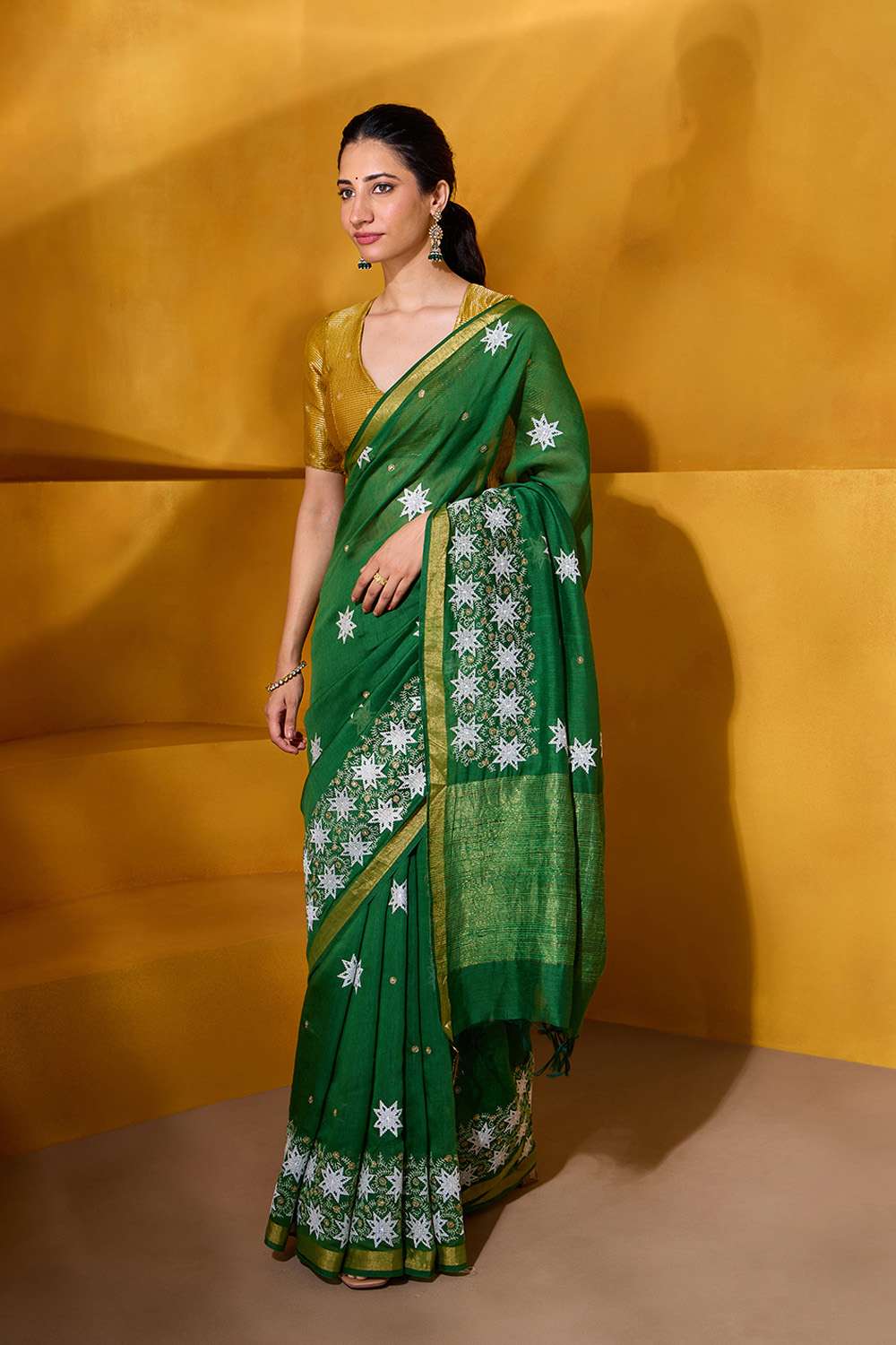 Green Pure Silk Linen Embroidered Saree image number null