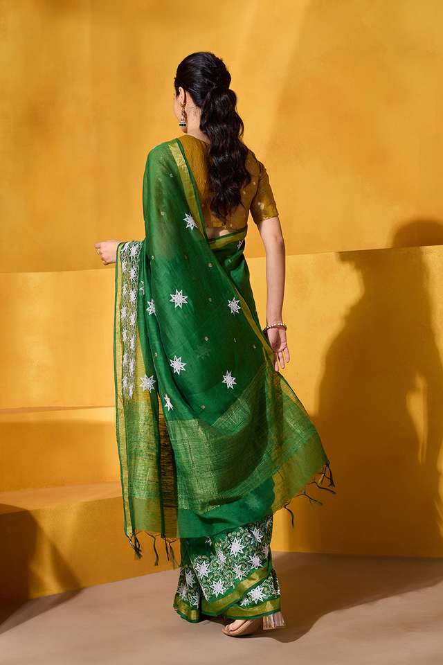 Green Pure Silk Linen Embroidered Saree thumbnail image number null