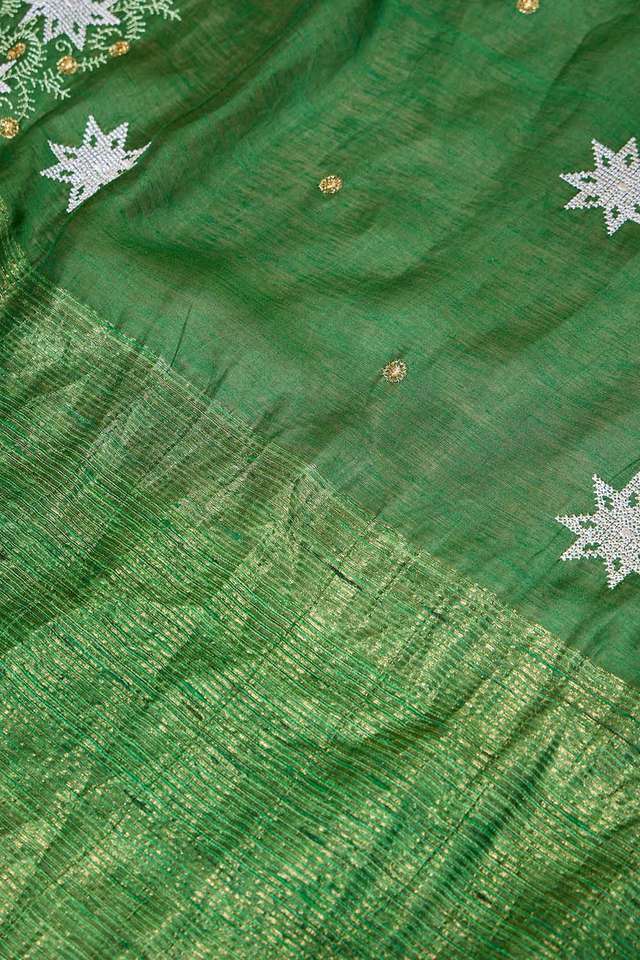 Green Pure Silk Linen Embroidered Saree thumbnail image number null
