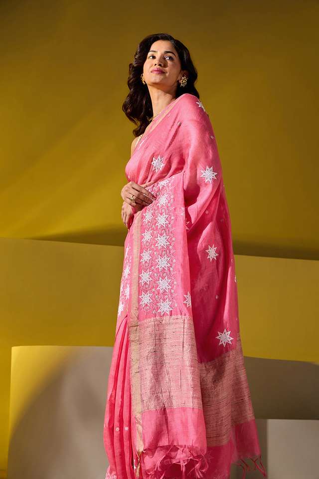 Pink Pure Silk Linen Embroidered Saree thumbnail image number null