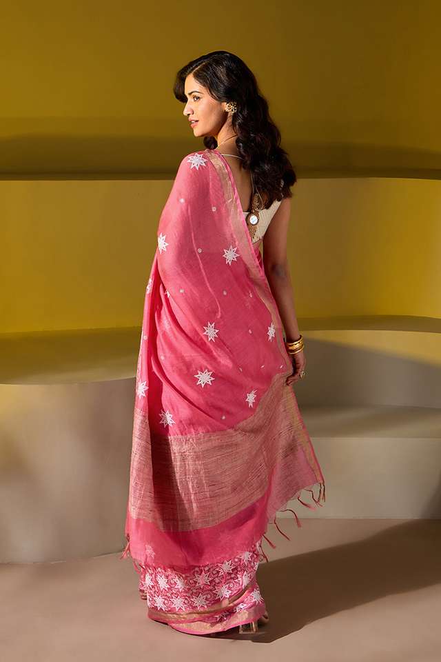 Pink Pure Silk Linen Embroidered Saree thumbnail image number null
