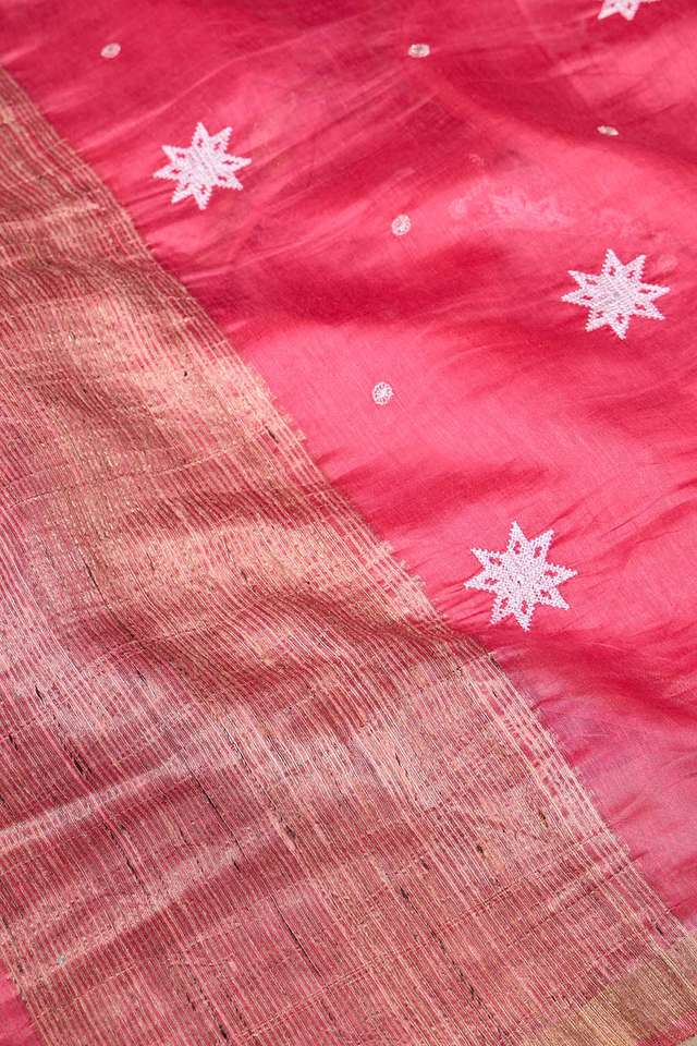 Pink Pure Silk Linen Embroidered Saree thumbnail image number null