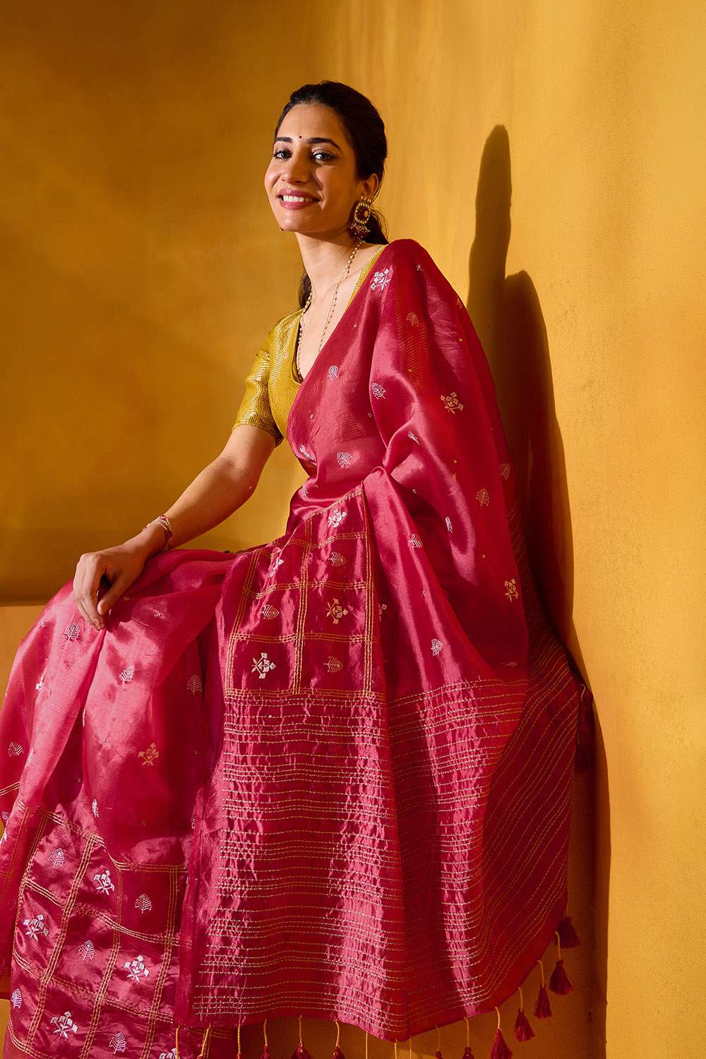 Red Embroidered Silk Tencel Saree image number null