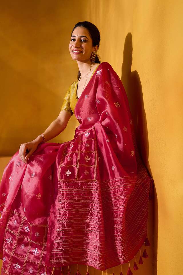 Red Embroidered Silk Tencel Saree image number
