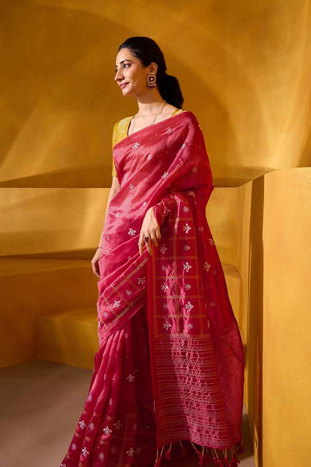 Red Embroidered Silk Tencel Saree thumbnail image number null