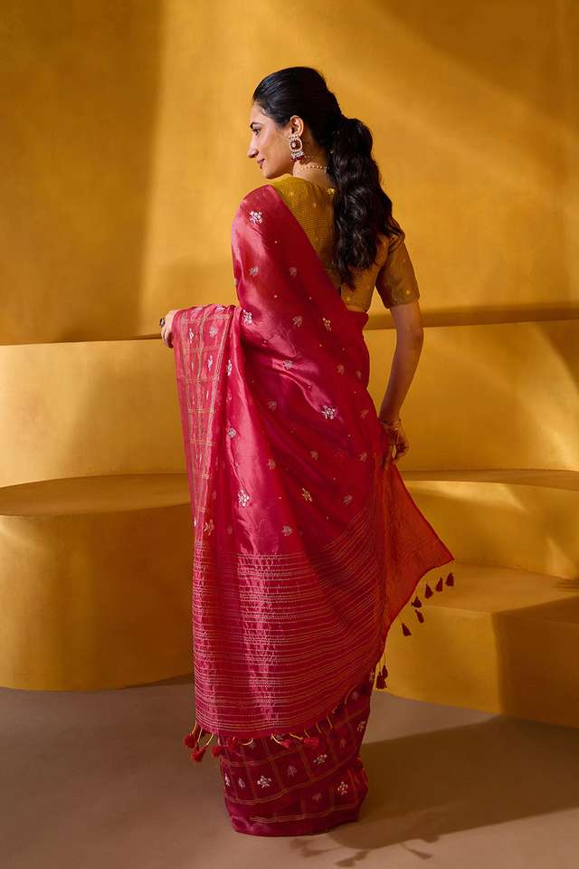 Red Embroidered Silk Tencel Saree thumbnail image number null