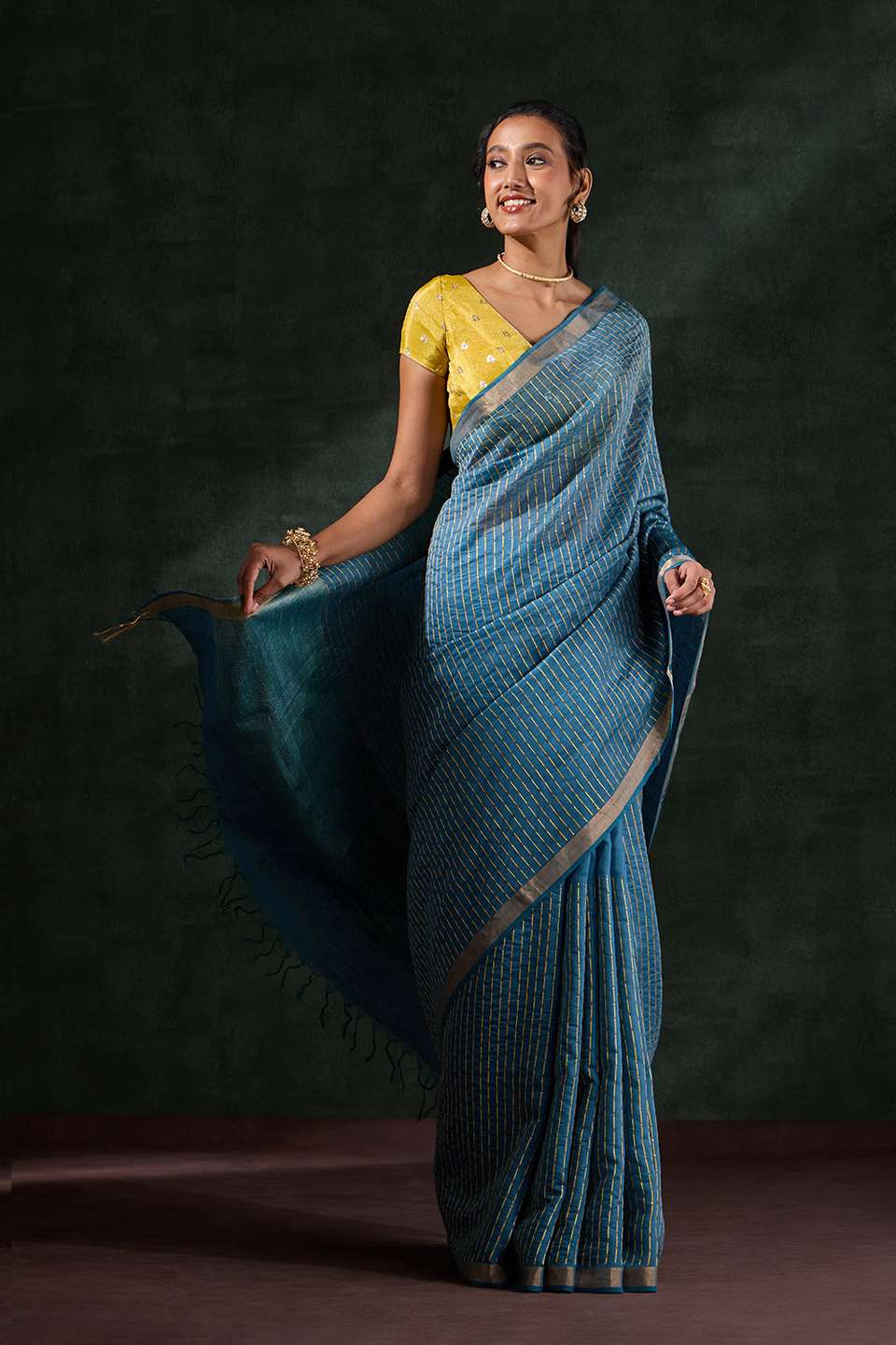 Blue Pure Silk Linen Embroidered Saree