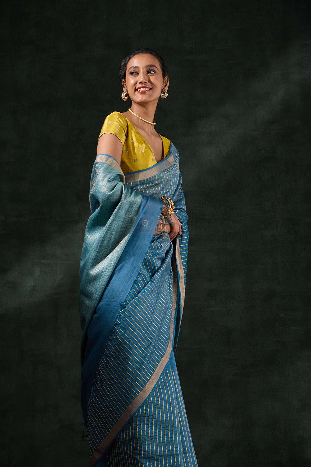 Blue Pure Silk Linen Embroidered Saree image number null