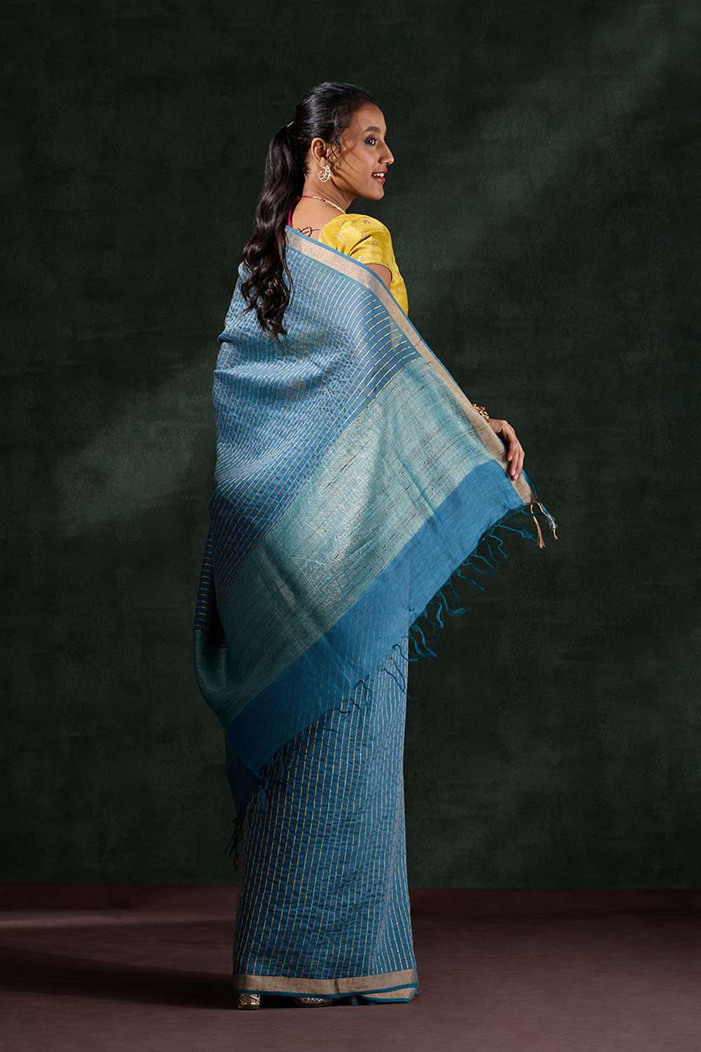 Blue Pure Silk Linen Embroidered Saree image number null