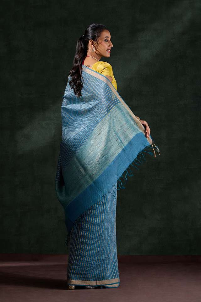 Blue Pure Silk Linen Embroidered Saree thumbnail image number null