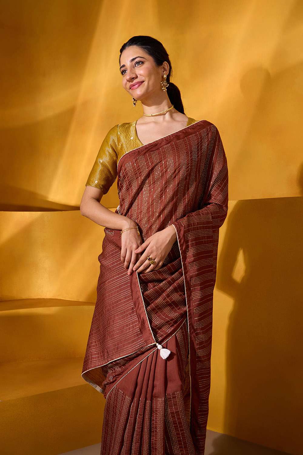 Brown Silk Modal Embroidered Saree image number null