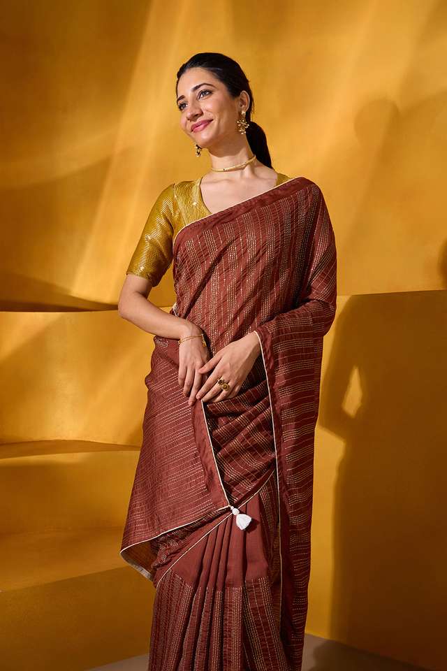 Brown Silk Modal Embroidered Saree