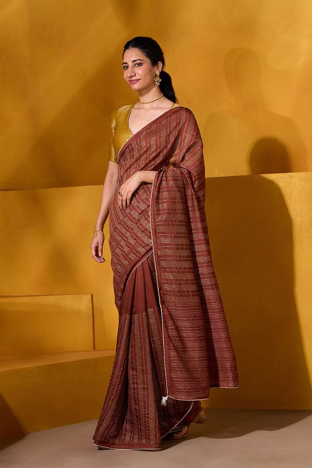 Brown Silk Modal Embroidered Saree thumbnail image number null
