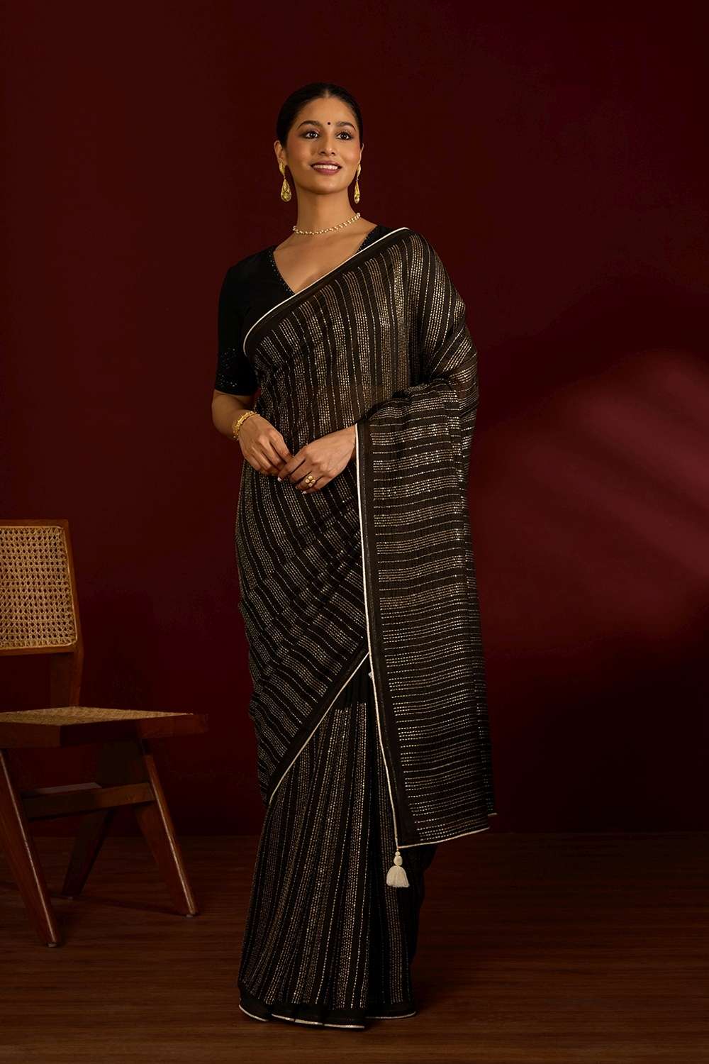 Black Silk Modal Embroidered Saree image number null