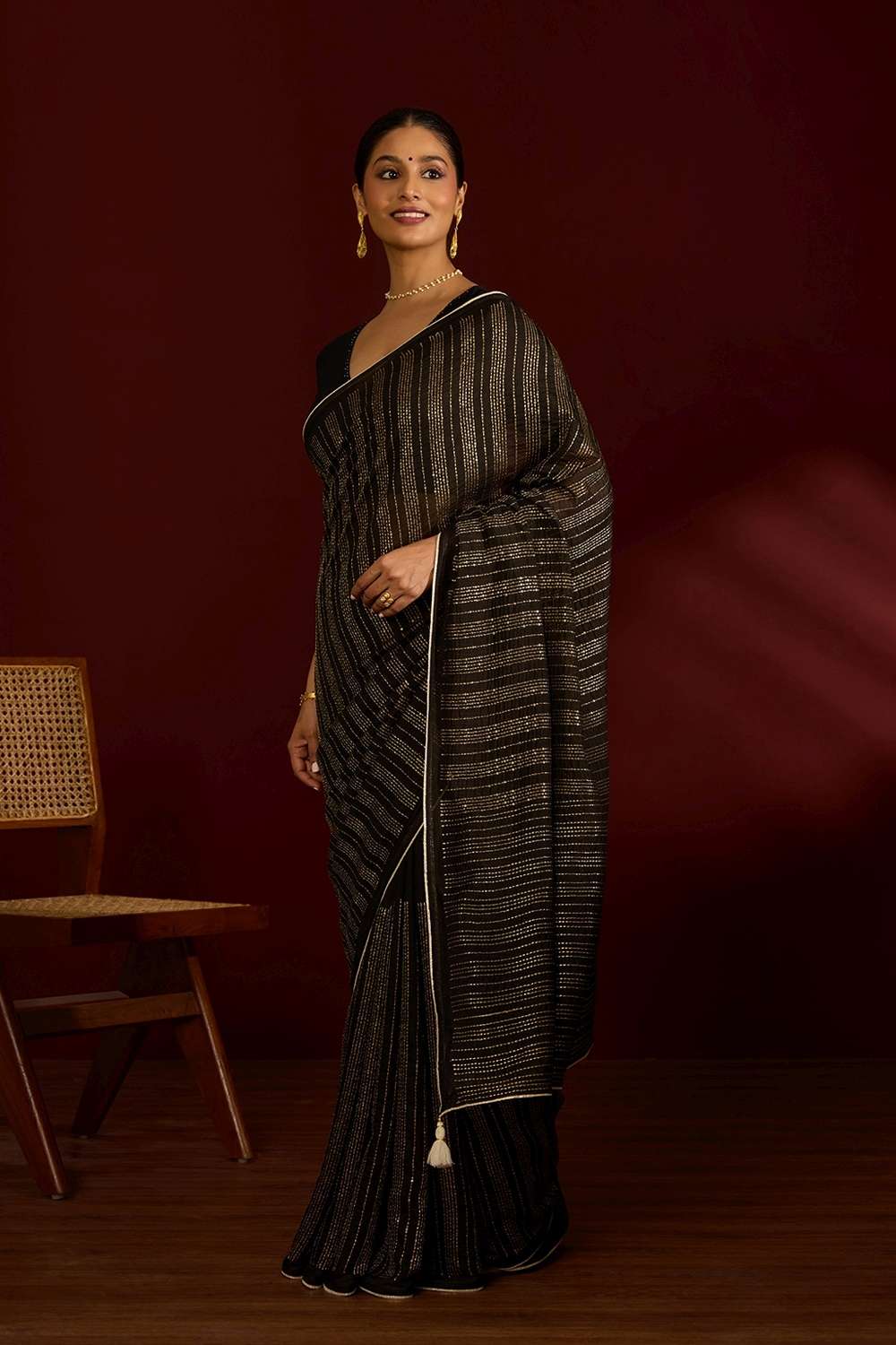 Black Silk Modal Embroidered Saree image number null