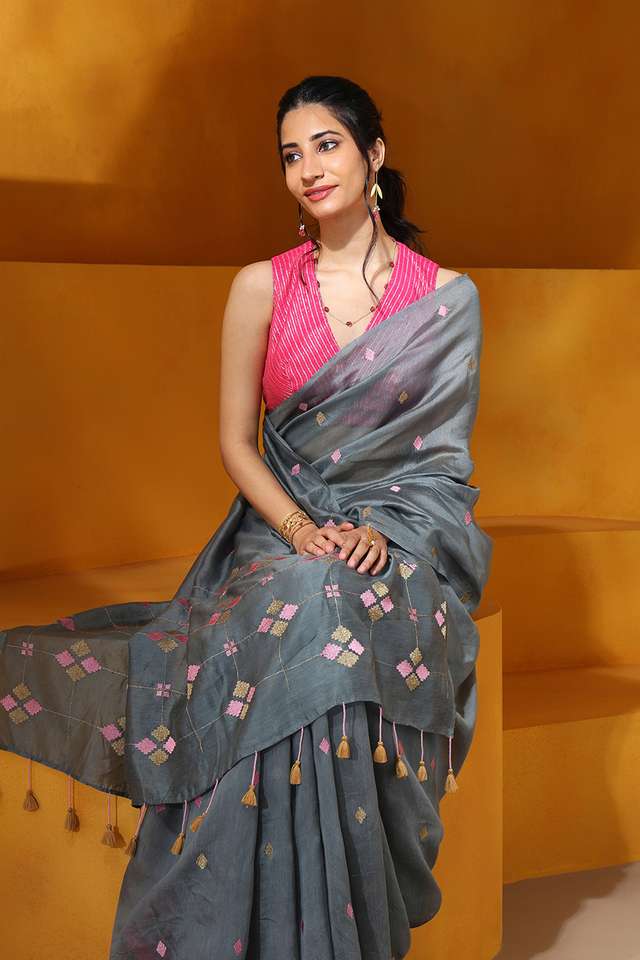 Grey Embroidered Silk Tencel Saree image number