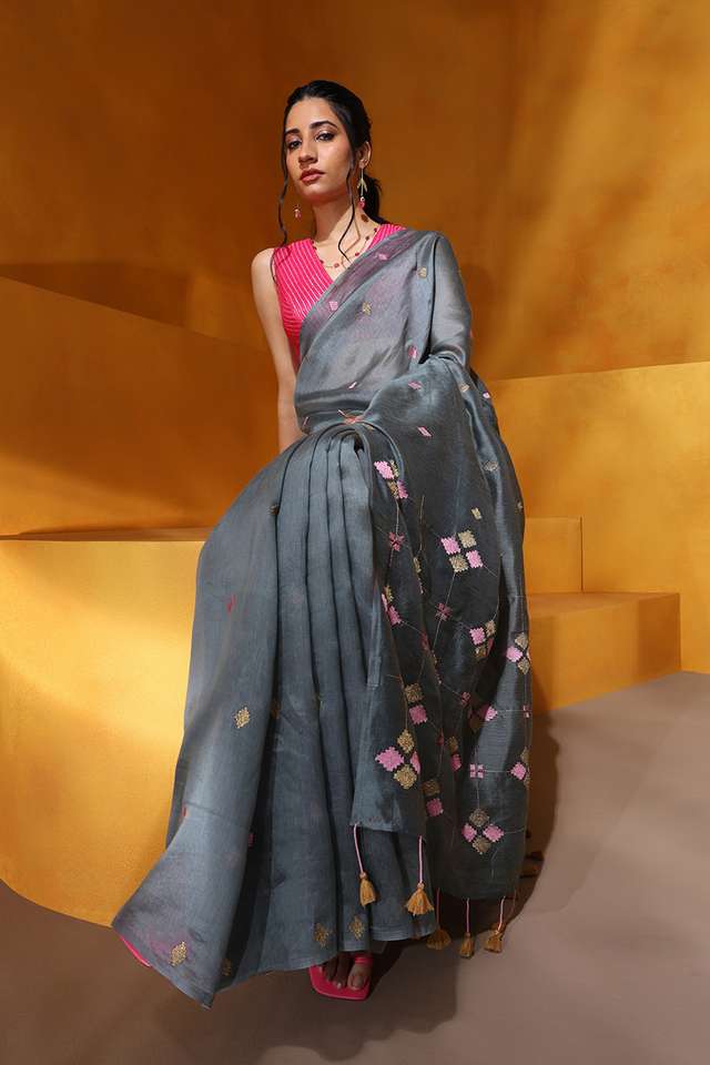 Grey Embroidered Silk Tencel Saree thumbnail image number null