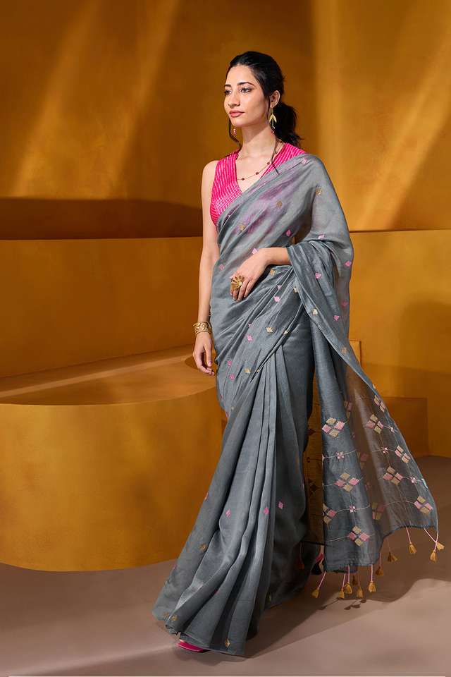Grey Embroidered Silk Tencel Saree thumbnail image number null