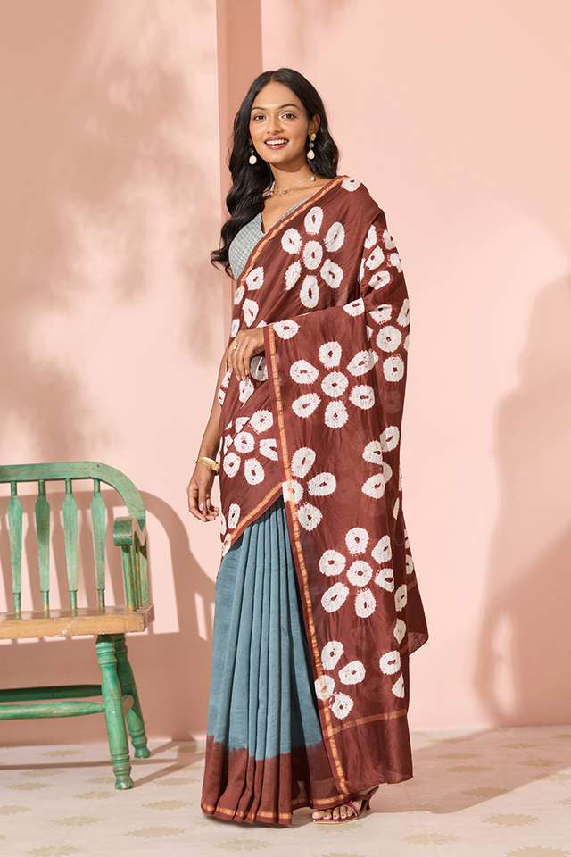 Grey Tie & Dye Shibori Pure Silk Cotton Saree thumbnail image number null