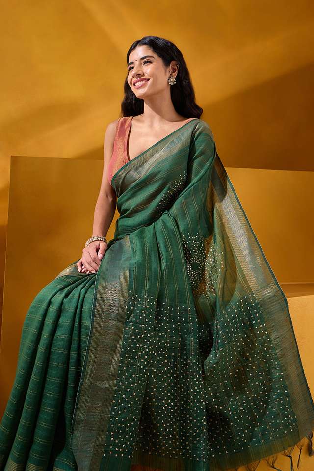 Dark Green Pure Silk Sequin Saree image number