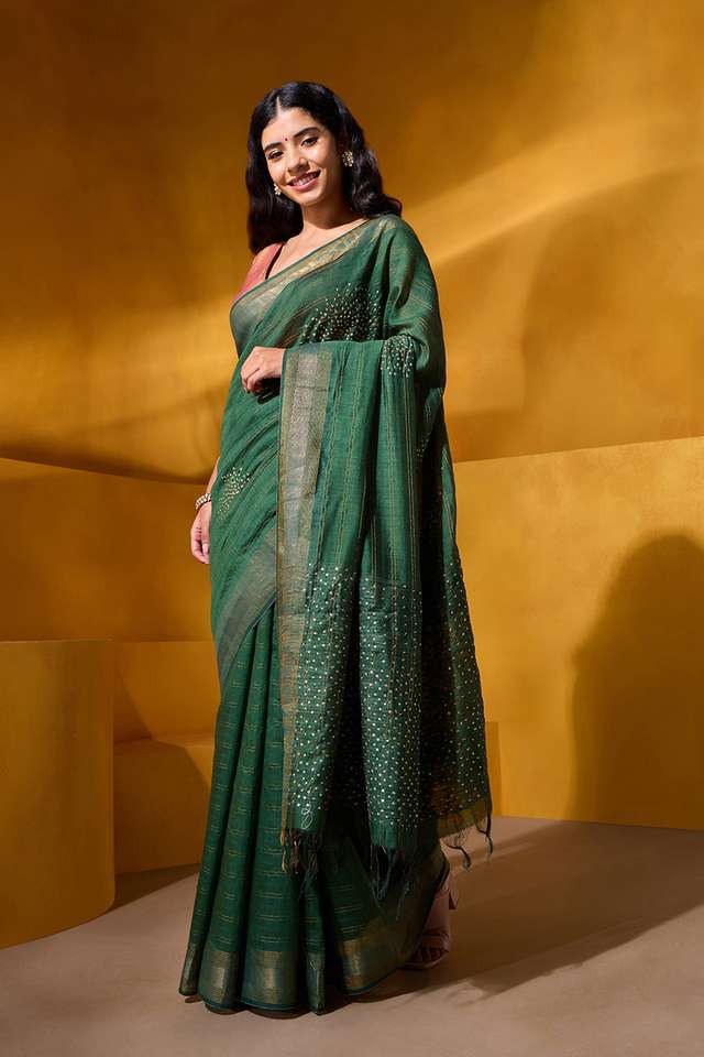 Dark Green Pure Silk Sequin Saree thumbnail image number null