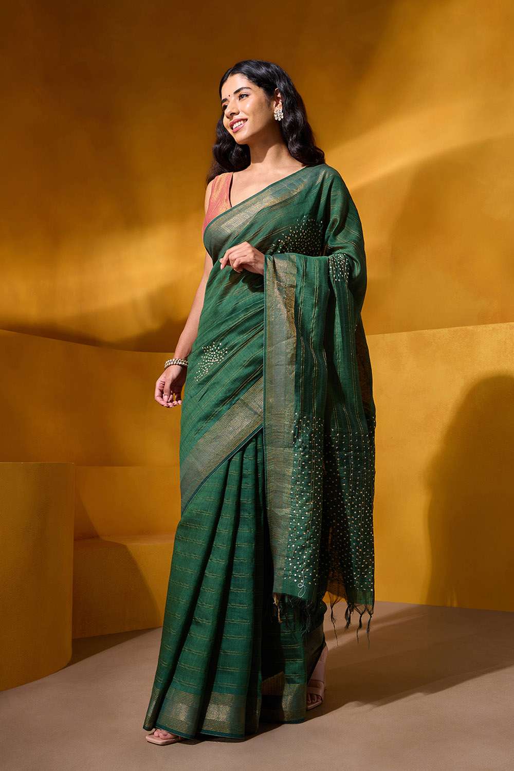 Dark Green Pure Silk Sequin Saree image number null
