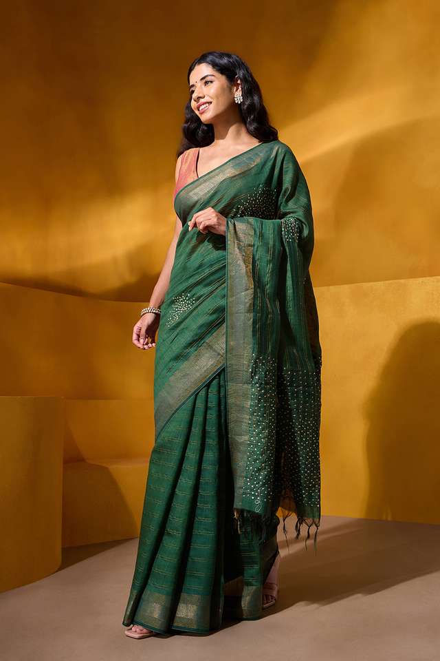 Dark Green Pure Silk Sequin Saree thumbnail image number null