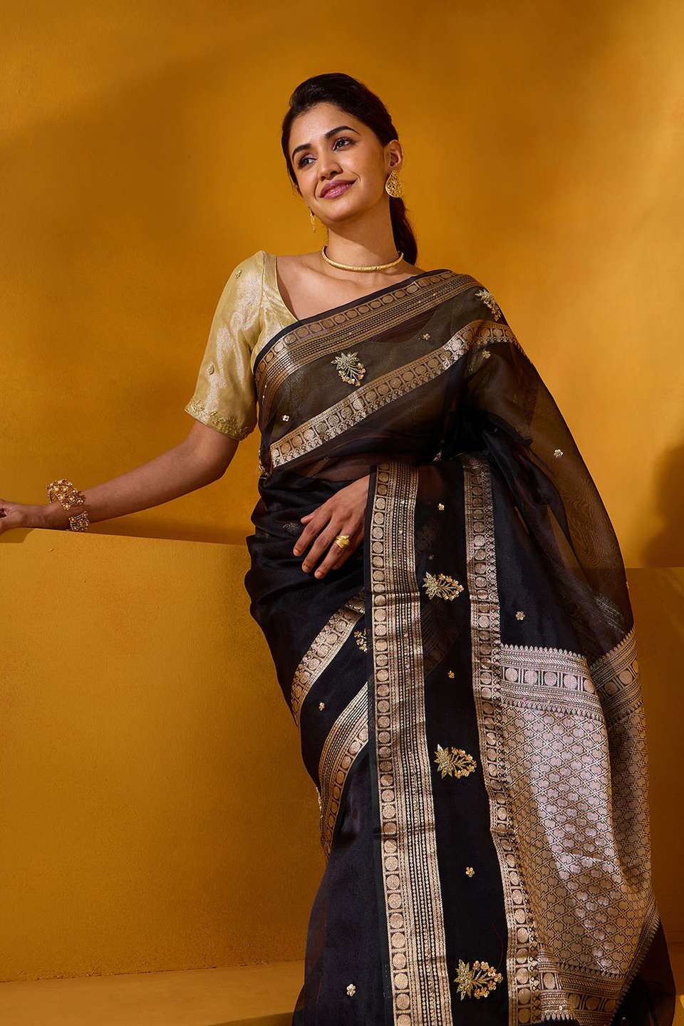 Black Pure Silk Organza Embroidered Saree