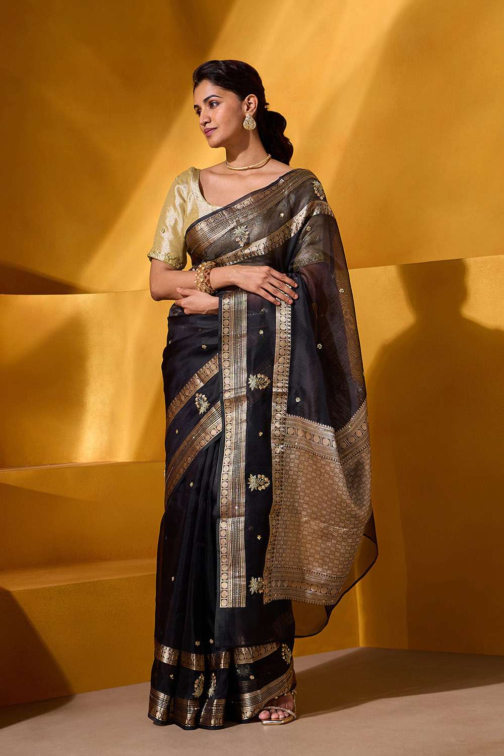 Black Pure Silk Organza Embroidered Saree image number null