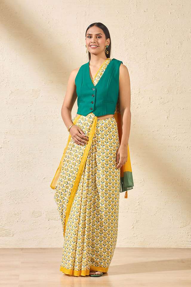 Yellow Screen Printed Bengal Pure Mulmul Cotton Saree thumbnail image number null