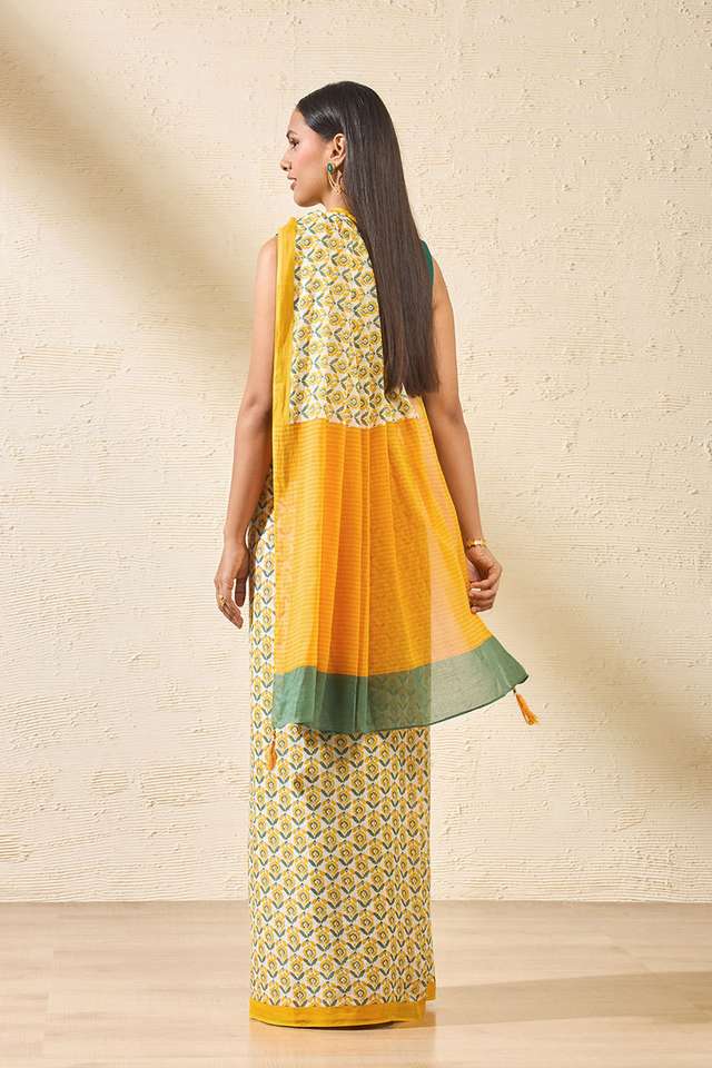 Yellow Screen Printed Bengal Pure Mulmul Cotton Saree thumbnail image number null