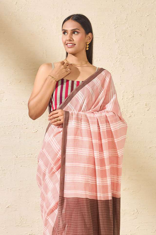 Light Orange Screen Printed Bengal Pure Mulmul Cotton Saree image number