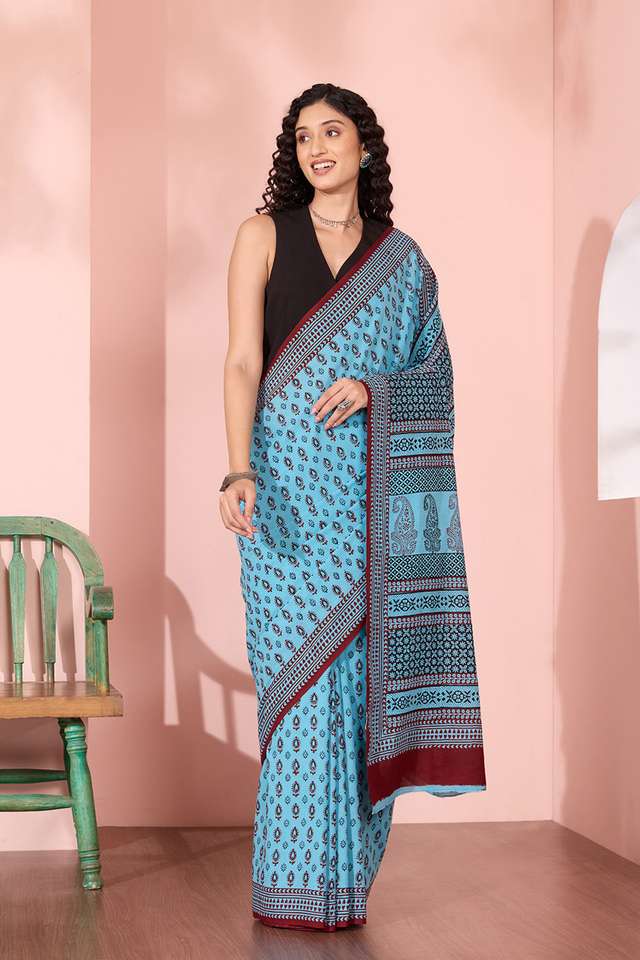 Blue Bagh Block Printed Pure Cotton Saree thumbnail image number null