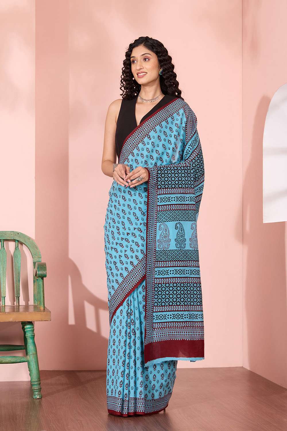 Blue Bagh Block Printed Pure Cotton Saree image number null