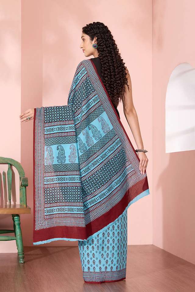 Blue Bagh Block Printed Pure Cotton Saree thumbnail image number null