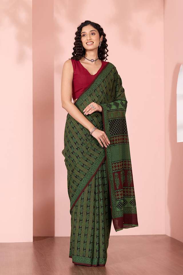 Green Bagh Block Printed Pure Cotton Saree thumbnail image number null