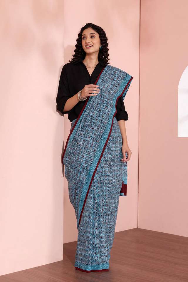 Blue Bagh Block Printed Pure Cotton Saree thumbnail image number null