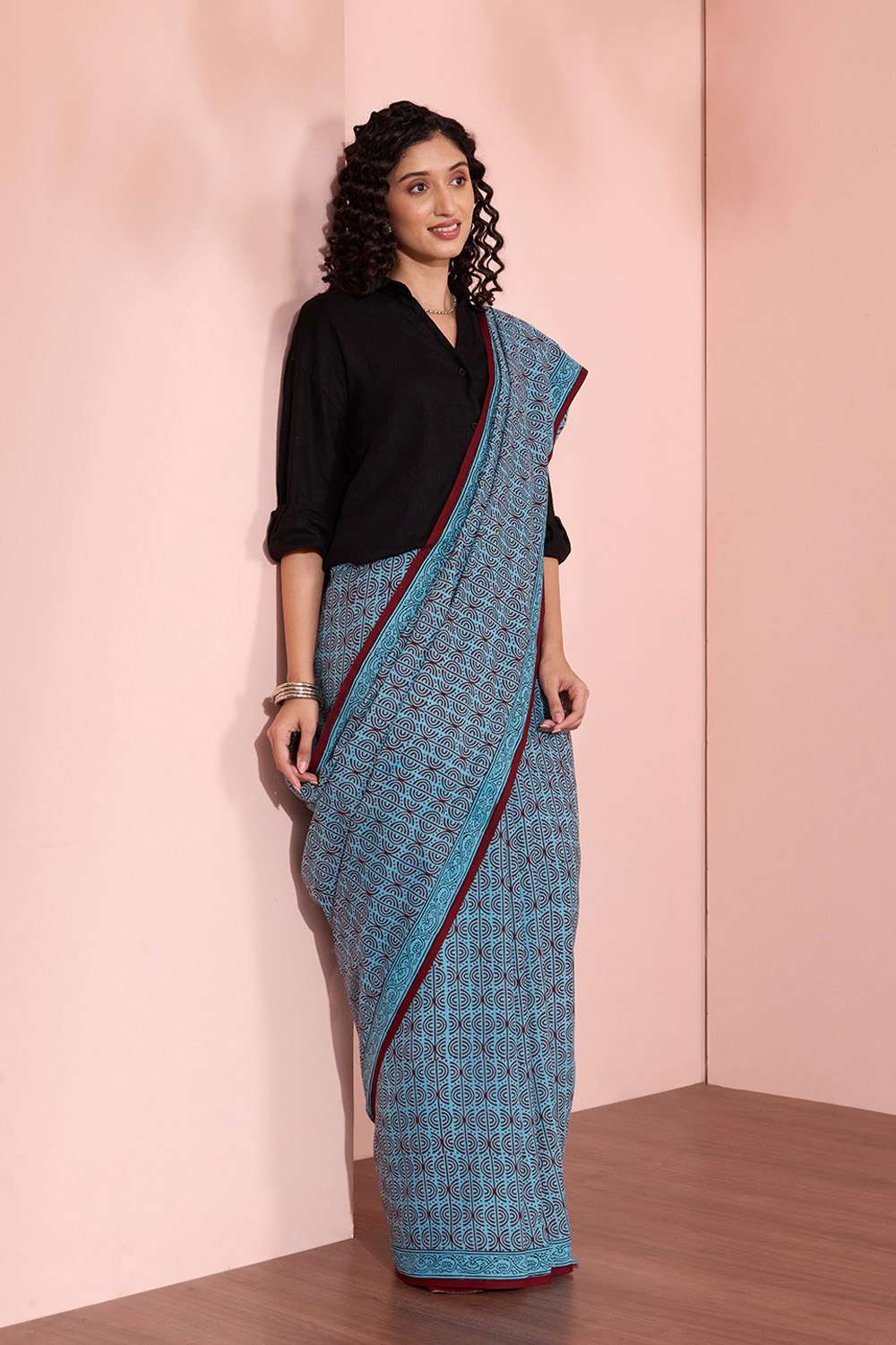 Blue Bagh Block Printed Pure Cotton Saree image number null