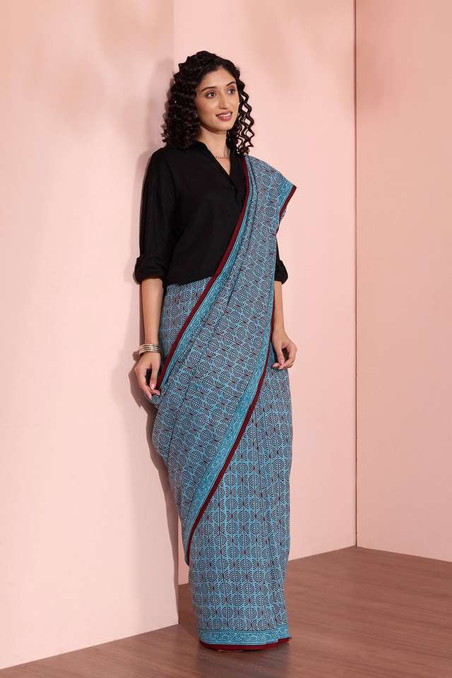 Blue Bagh Block Printed Pure Cotton Saree thumbnail image number null