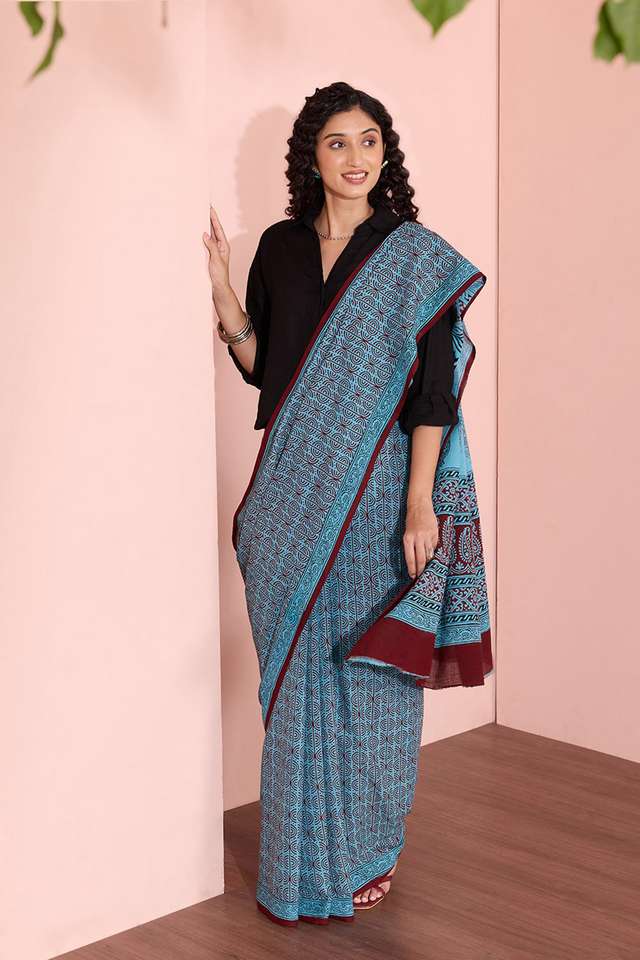 Blue Bagh Block Printed Pure Cotton Saree thumbnail image number null
