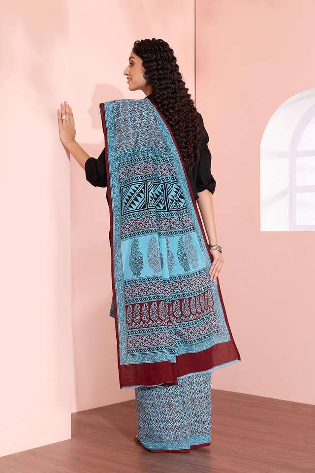 Blue Bagh Block Printed Pure Cotton Saree thumbnail image number null