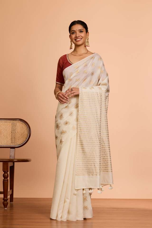 Off White  Screen Printed  Pure Silk Cotton Saree thumbnail image number null