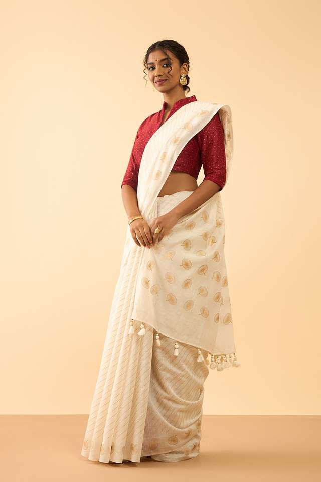 Off White Screen Printed Pure Silk Cotton Saree thumbnail image number null