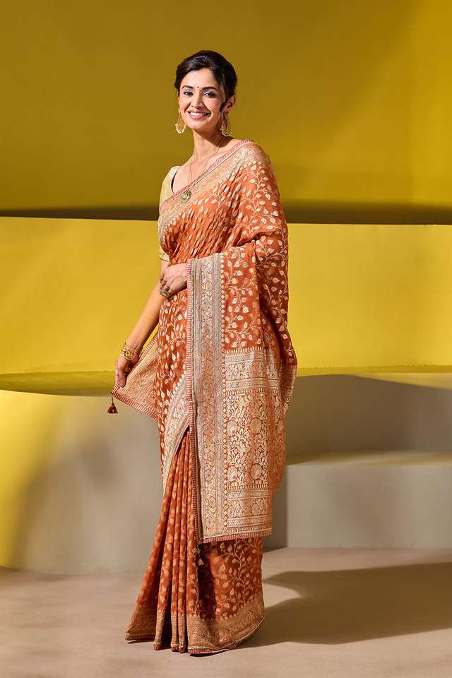 Orange Embroidered Pure Silk Georgette Saree thumbnail image number null
