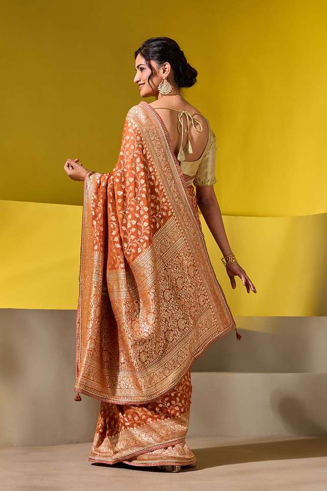 Orange Embroidered Pure Silk Georgette Saree thumbnail image number null