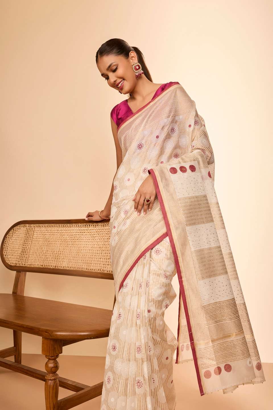 Off White Rajasthan Pure Silk Cotton Printed Sanganeri Saree