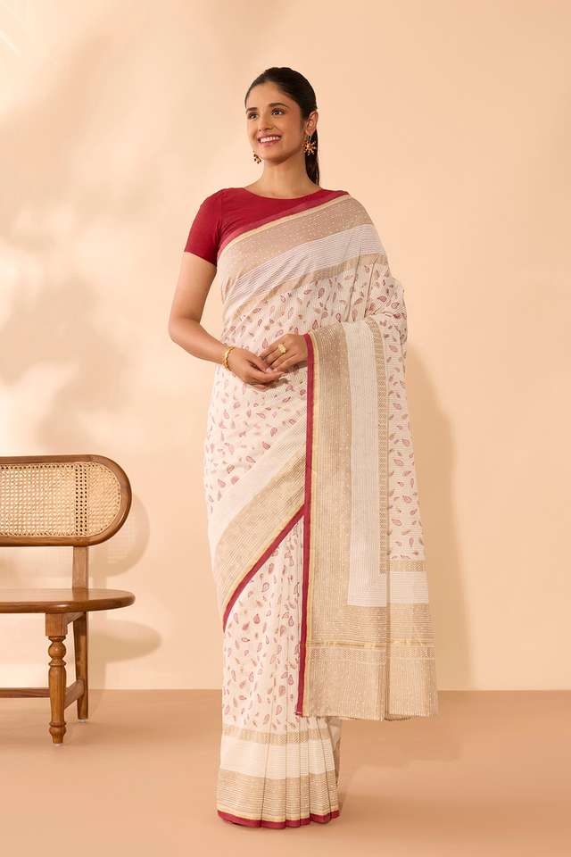 Off White Rajasthan Pure Silk Cotton Printed Sanganeri Saree thumbnail image number null