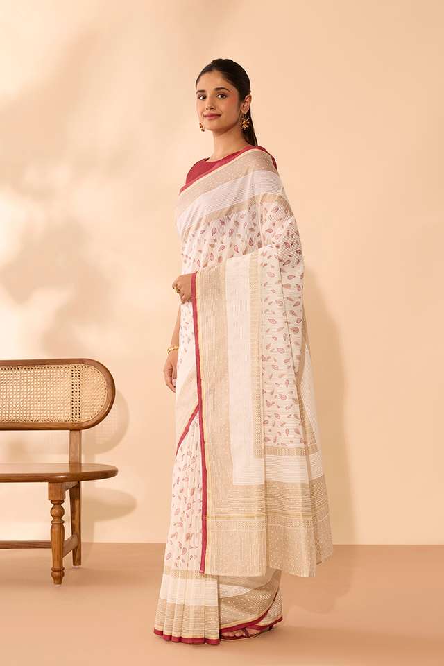 Off White Rajasthan Pure Silk Cotton Printed Sanganeri Saree thumbnail image number null