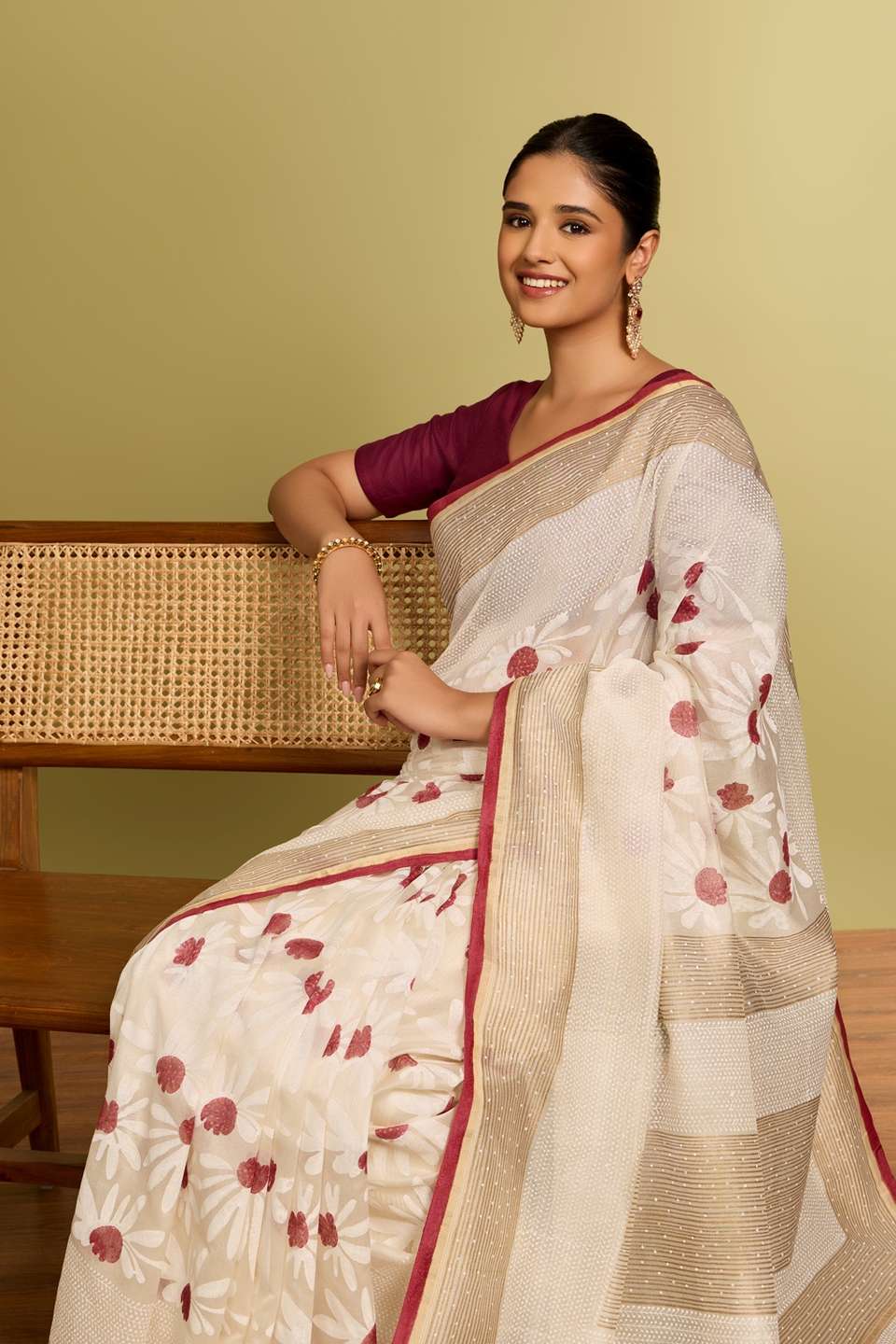 Off White Rajasthan Pure Silk Cotton Printed Sanganeri Saree