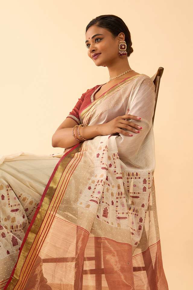 Off White Rajasthan Pure Silk Cotton Printed Sanganeri Saree image number